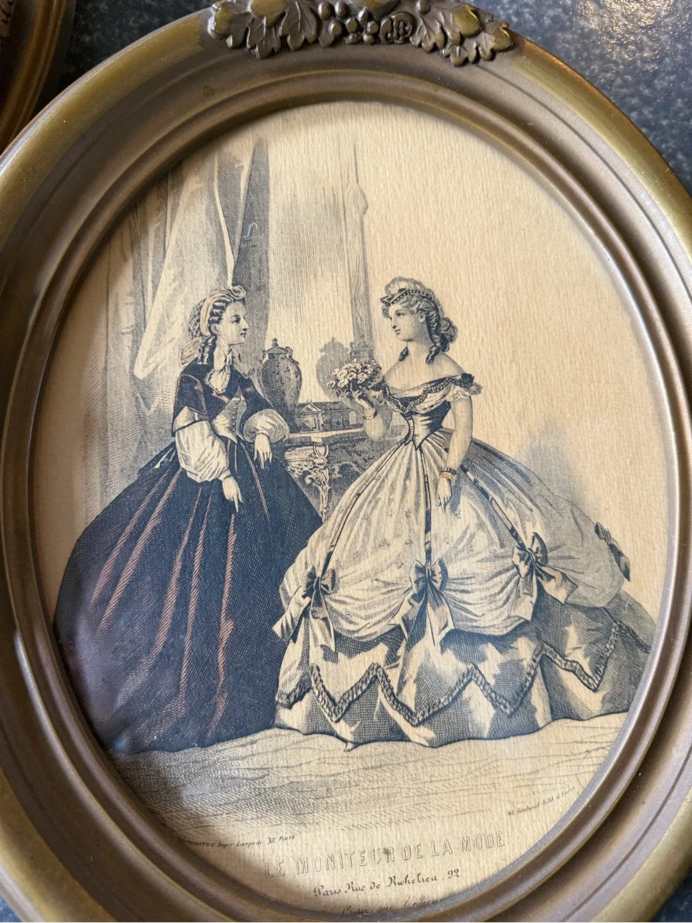 Antique Oval framed La Mode Illustree‎ Ladies in Gowns Paris mid 1800's set 2